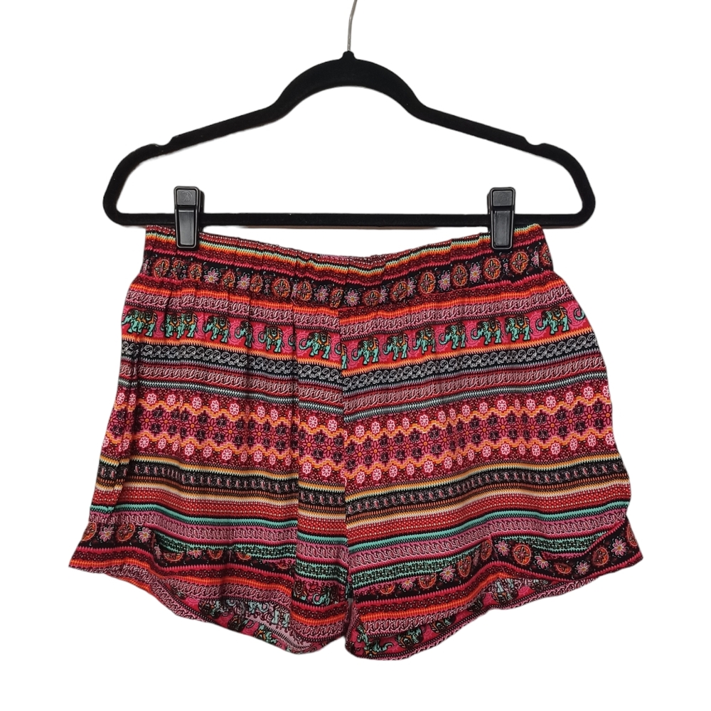 CHERRY LANE Shorts Colorful Pink Green Tribal Stripe Elephant Print Pull On
